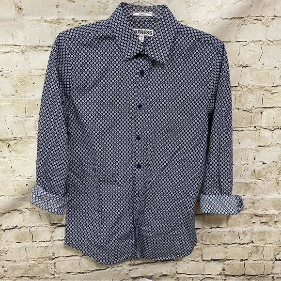 Express Blue White Geometric Print Slim Fit Button Up Shirt - Picture 1 of 5